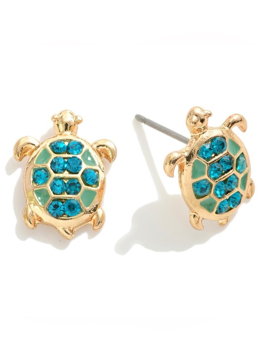 Jewelry - Gold Turtle Stud Earrings with Teal Crystal Shell